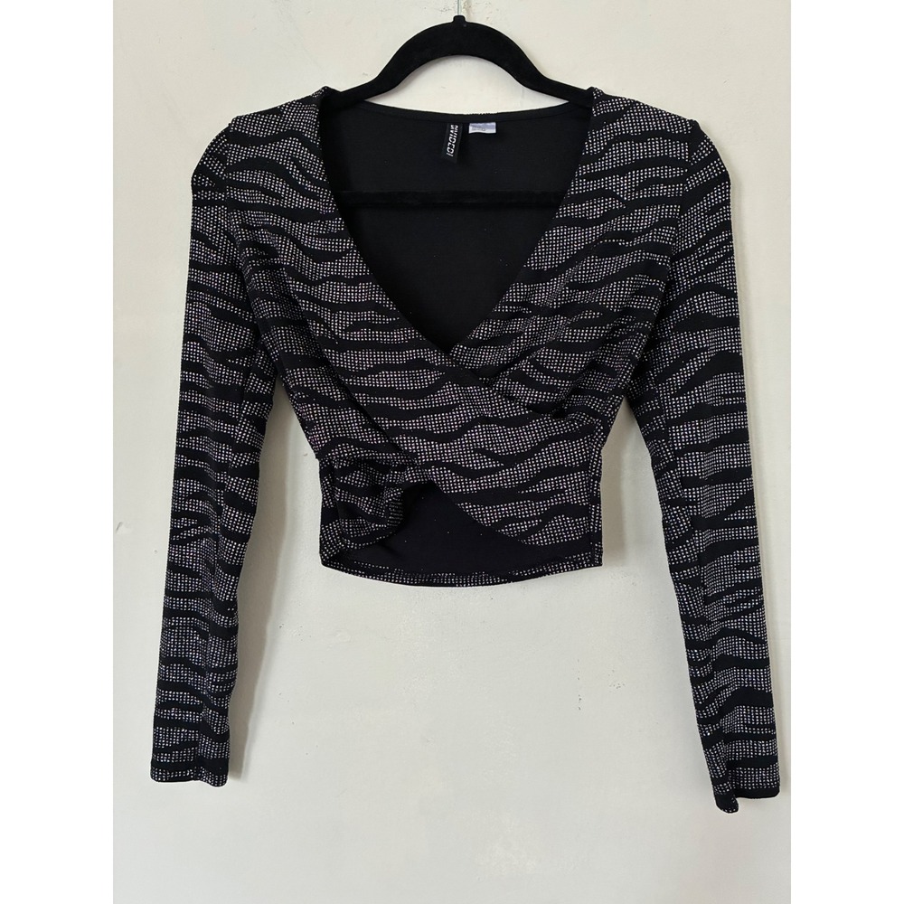 H&M Divided Black Silver Glitter Zebra Wrap Crop Top Long Sleeve Festival Goth S